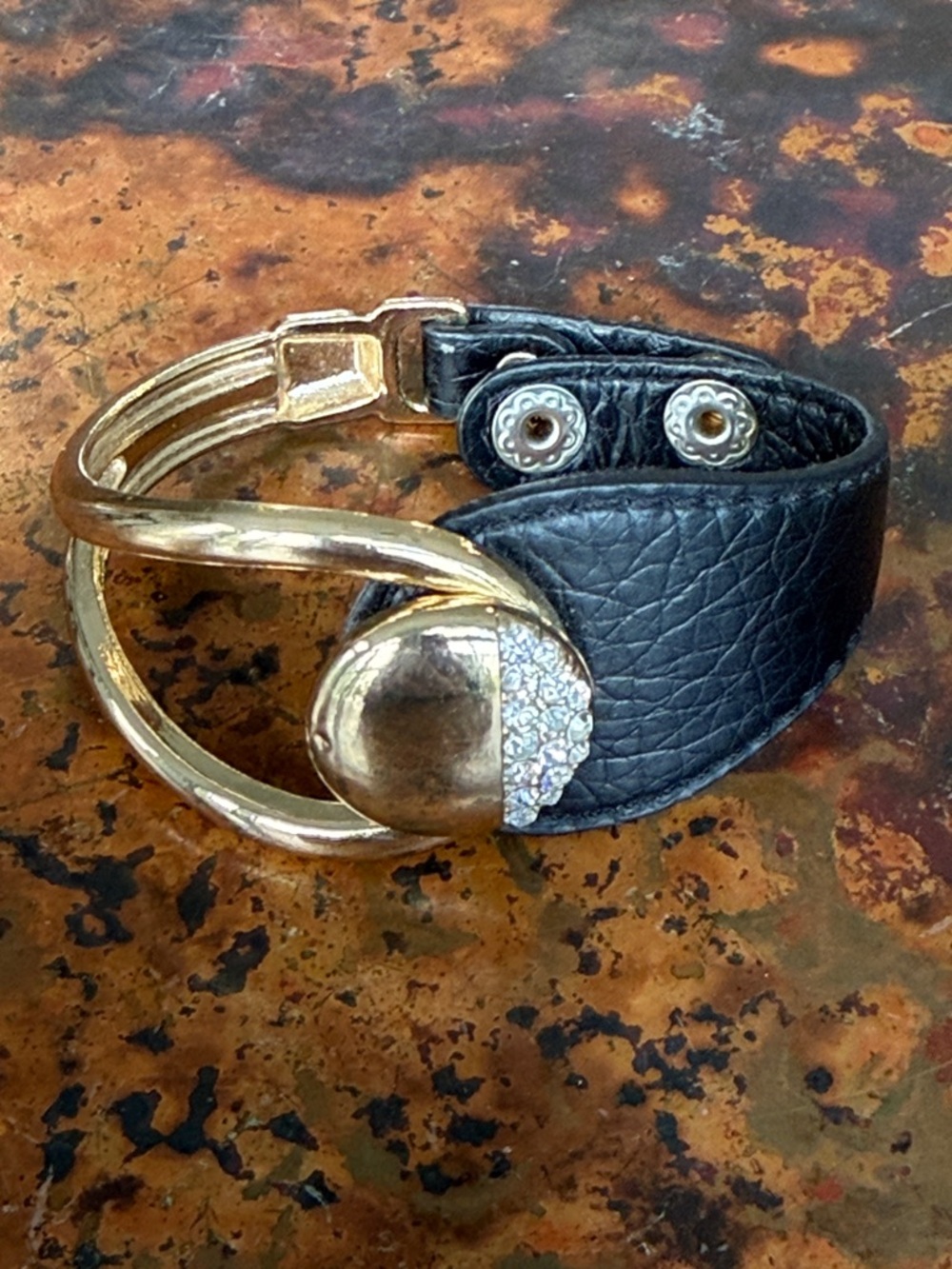 Gold and Black Leather Cuff Bracelet with Crystal Accent Adjustable Snap Close